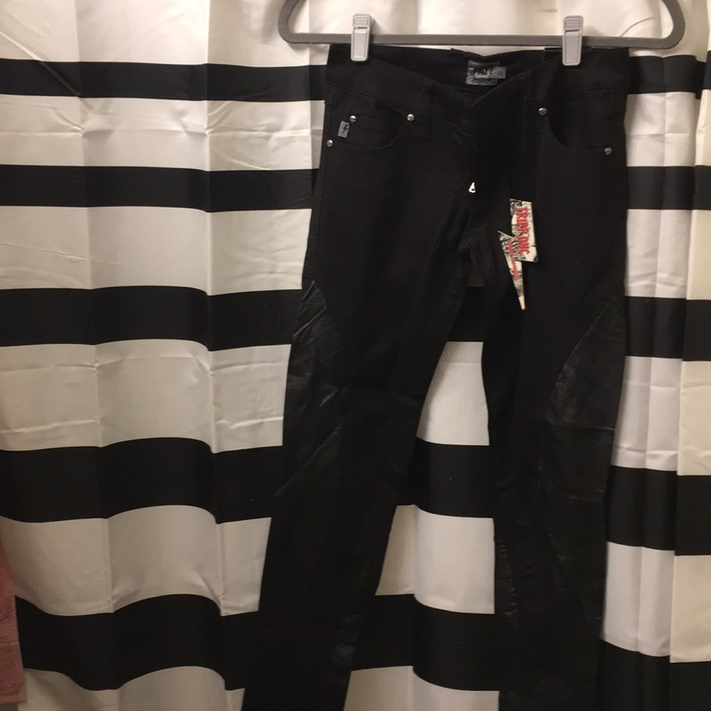 Tripp NYC black and faux leather trim skinny jeans